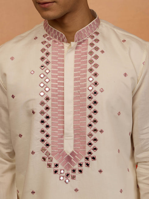 Men's Onion Multi Embroidered Silk Kurta